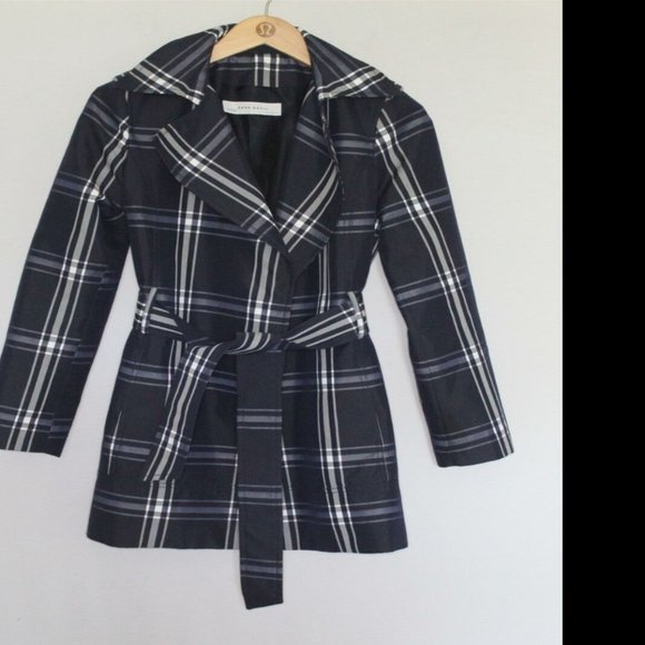 Zara Basic Plaid Trench Jacket Coat Navy H10451 - Picture 11 of 13